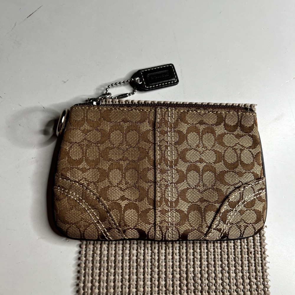 Coach Signature Jacquard Small Wristlet Khaki Brown Monogram Pouch